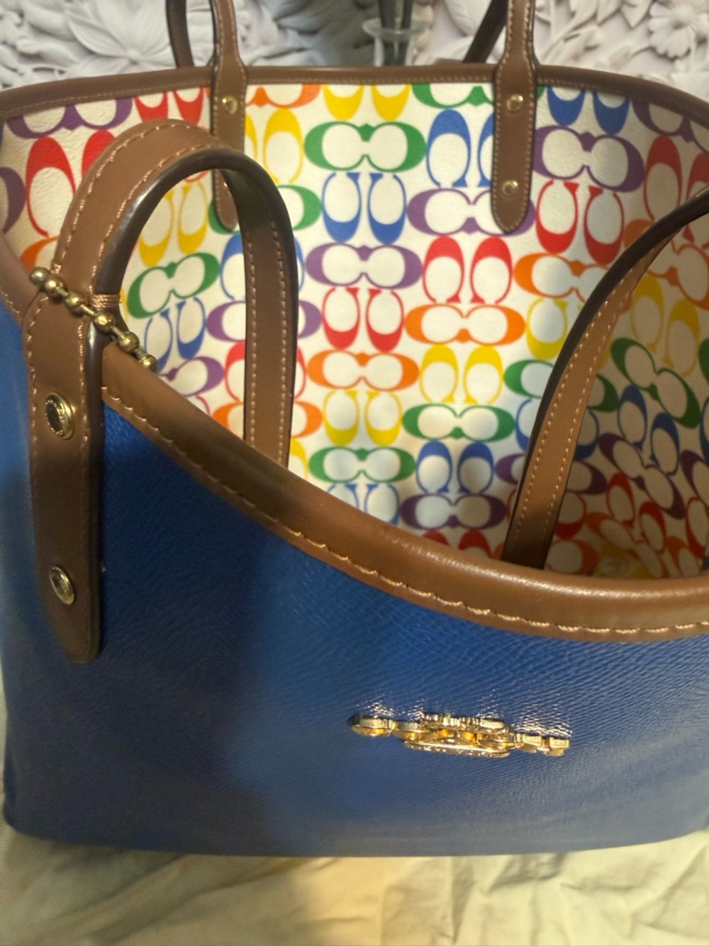 Coach Multicolor Rainbow Signature Tote with Brown Leather Trim - Picture 5 of 10